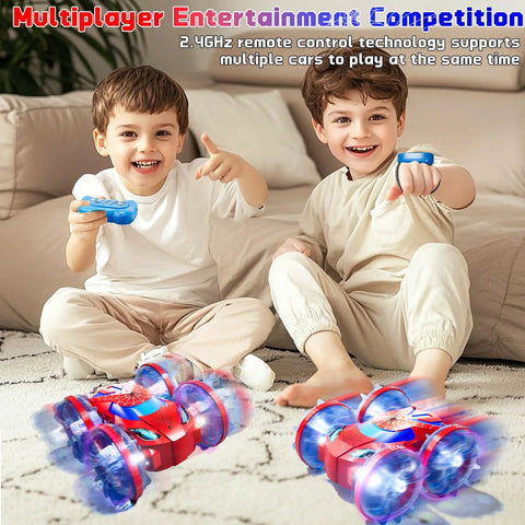 All Terrain Amphibious RC Vehicle With 4WD Waterproof Design For Land And Water Gesture Control Stunt Car Boat For Kids shown in action indoors with children playing, illustrating multiplayer capability.