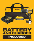 Pro Grade Brushless Cordless Hammer Drill Kit Paired With Half Inch Chuck And Five Amp Hour Battery Plus Lightning Charger in yellow case.