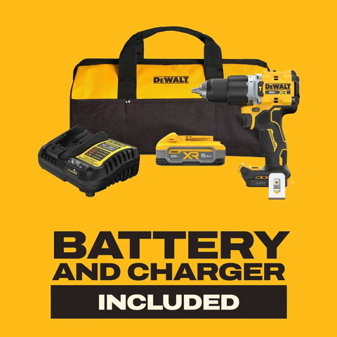 Pro Grade Brushless Cordless Hammer Drill Kit Paired With Half Inch Chuck And Five Amp Hour Battery Plus Lightning Charger in yellow case.