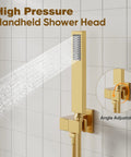 All Metal Brushed Gold Shower Head System With Pressure Balance Valve Kit, handheld spray shooting water against tiled wall