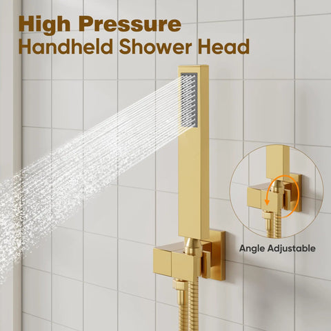 All Metal Brushed Gold Shower Head System With Pressure Balance Valve Kit, handheld spray shooting water against tiled wall