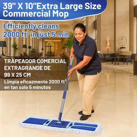 36 Inch Commercial Dust Mop For Quick Dry Dust Cleanup On Hardwood Floors With 59 Inch Extended Handle Heavy Duty Frame Two Mop Pads Ideal For Hotels Warehouses Schools And Janitors, shown in use on a large floor.