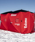 Quickfish Six Person Portable Pop Up Ice Fishing Shelter With Fully Quilted Insulation No Trip Door And Deluxe Anchors For Hell Of A Winter Setup In Red Black viewed on snowy lake.