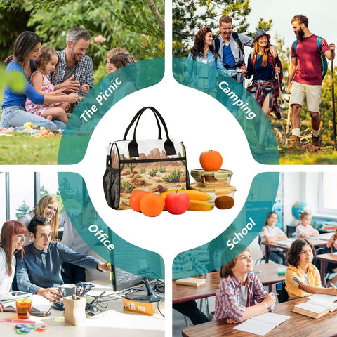 Desert Cactus Handle Insulated Lunch Bag Reusable Cooler with adjustable strap, suitable for picnic, camping, office, school.