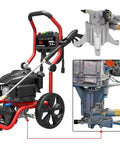 Beefy 3400 PSI Replacement Pressure Washer Pump With 2.5 GPM And 7/8 Inch Shaft, Vertical Plunger, Rear Facing Inlet Outlet shown installed on gas power washer