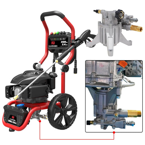 Beefy 3400 PSI Replacement Pressure Washer Pump With 2.5 GPM And 7/8 Inch Shaft, Vertical Plunger, Rear Facing Inlet Outlet shown installed on gas power washer