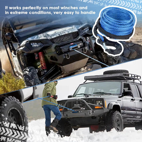 Five Sixteenth Inch 50 Foot Synthetic Winch Rope 13000 Lbs shown towing SUV off-road, highlighting outdoor performance.