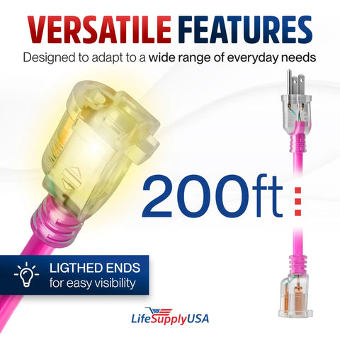 Tough As Nails 200 Ft Extension Cord For Outdoors And Indoors 12 3 Wire Heavy Duty 3 Prong Sjtw Waterproof Flexible Cold Resistant Neon Pink Pro Grade Cable with lighted ends.