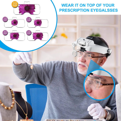 Man using Hands Free Headband Magnifier With Light Rechargeable 1X To 14X Headset Glasses, examining jewelry with adjustable LED illumination.
