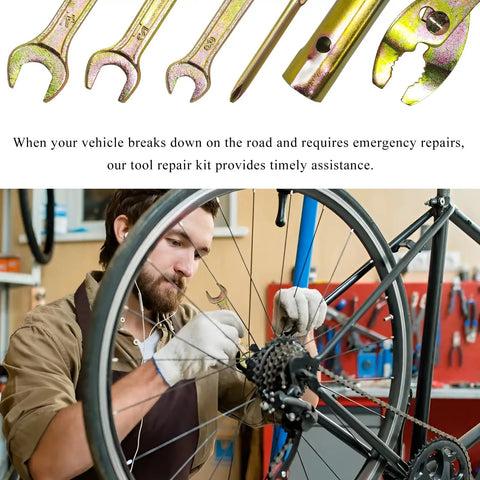 Mechanic using On The Go 7 Piece Motorcycle Repair Tool Kit With Wrench Pliers And Screwdrivers For Emergency Roadside Fixes