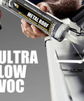 Man using Copper Metal Roof Sealant For Aluminum Copper Galvanized Steel And Coated Metals Flexible Elastomeric Polymer Caulk UV Resistant 9.5 Oz Cartridge on metal surface, ULTRA LOW VOC text visible.