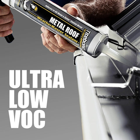 Man using Copper Metal Roof Sealant For Aluminum Copper Galvanized Steel And Coated Metals Flexible Elastomeric Polymer Caulk UV Resistant 9.5 Oz Cartridge on metal surface, ULTRA LOW VOC text visible.