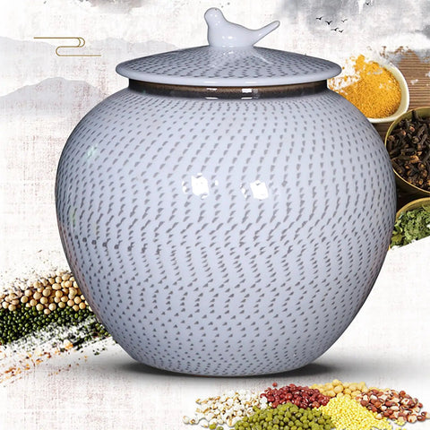 Keep Your Staples Fresh With This Heavy Duty Ceramic Rice Bucket Dispensing Grains Coffee Beans And Tea While Keeping It Tight In Your Pantry. Glossy white ceramic jar with bird lid.