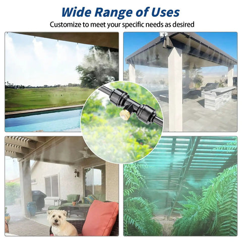 Outdoor Misting System For Patio And Yard With 59 Ft Line, filter, 23 brass nozzles, showcased in various uses outdoors.