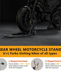 Beefed Up Heavy Duty Rear Wheel Lift Motorcycle Stand Up To 850 Lbs With UL Fork Combo Swingarm Spool Paddock Stand for Sport And Dirt Bikes Universal Wheel Stand Fits Tires Up To 13.8 Inches Black in use on a motorcycle.