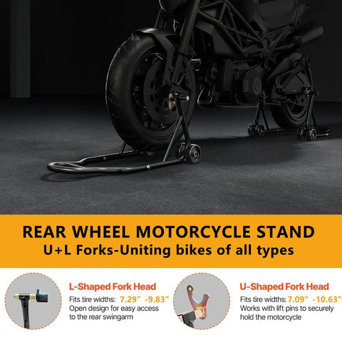Beefed Up Heavy Duty Rear Wheel Lift Motorcycle Stand Up To 850 Lbs With UL Fork Combo Swingarm Spool Paddock Stand for Sport And Dirt Bikes Universal Wheel Stand Fits Tires Up To 13.8 Inches Black in use on a motorcycle.