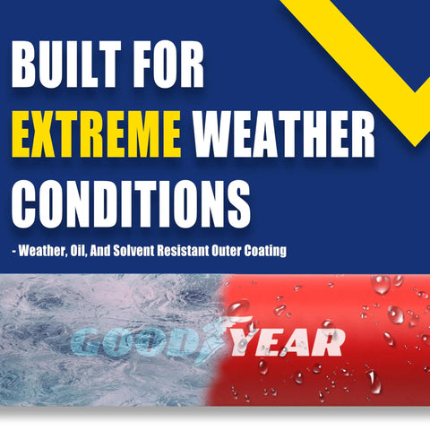 Built for extreme weather, oil, and solvent-resistant outer coating slogan with abstract hose design.