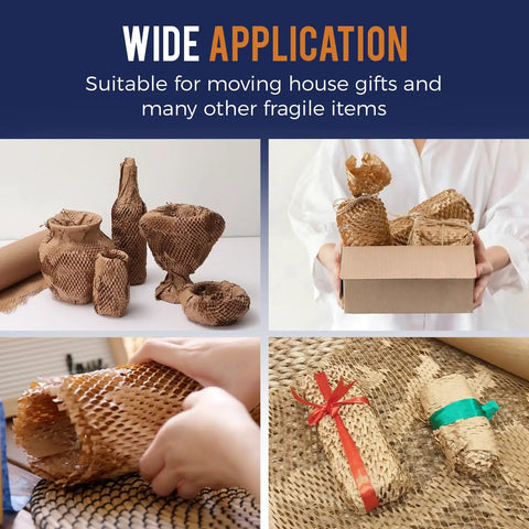 Eco Friendly 12x150ft Packing Paper With Rope And 20 Fragile Stickers For Moving And Shipping Recyclable Packaging Solution FSC Certified C204227 shown in various uses.