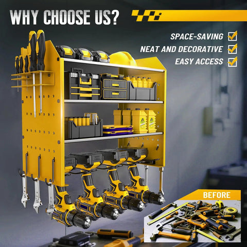 Tool Organizer Wall Mount With Charging Station, 4 Tier Garage Storage Rack With Cordless Drill Holders And Side Hooks