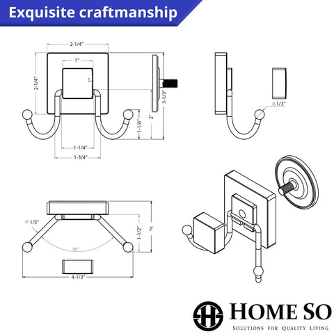 Technical drawings of No Drill Suction Cup Hooks For Shower And Bathroom Glass Door Tile 2 Pack Chrome with measurements.