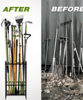 Heavy Duty Steel Garden Tool Organizer Rack For Garage And Shed With 35 Tool Slots For Long Handled Tools, organized vs disorganized