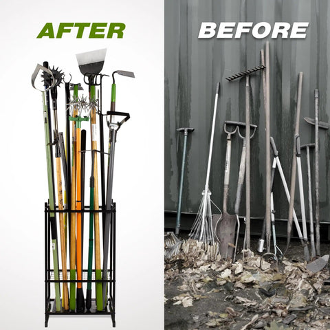 Heavy Duty Steel Garden Tool Organizer Rack For Garage And Shed With 35 Tool Slots For Long Handled Tools, organized vs disorganized