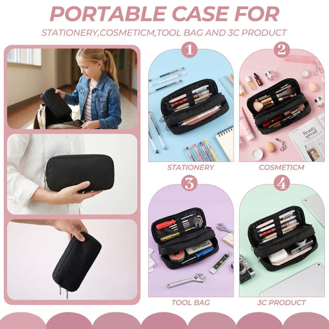 Massive Capacity Pencil Case With Dual Compartments And Zipper, Water-Resistant Nylon Office Pencil Bag Holds Up To 70 Pens Or Pencils in use