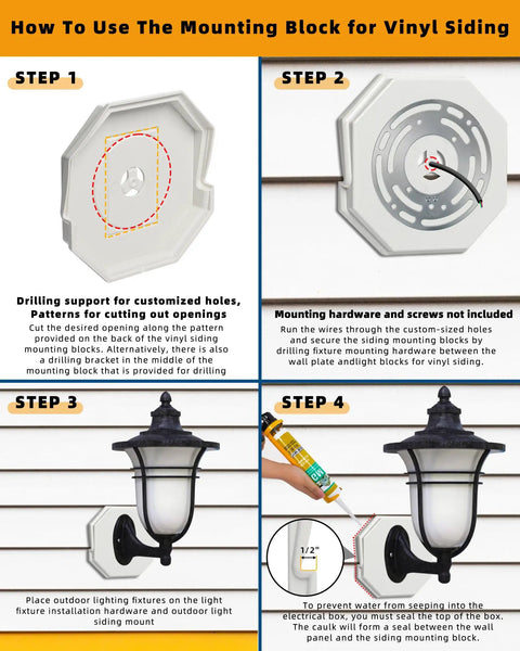 Vinyl Siding Mounting Block For Exterior Fixtures Like Lights Cameras Flags And Doorbells Easy Setup No Fuss Octagon Block With One Half Inch Lap Mount And Four Inch Height White One Pack Durable Mounting Plate For Siding Projects. step-by-step use guide with exterior light mounted on white octagon vinyl siding block