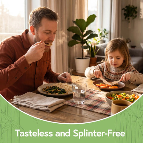 Father and child using Your Go To 100 Percent Bamboo Utensils Set With 50 Forks, 25 Spoons, 25 Knives at dining table