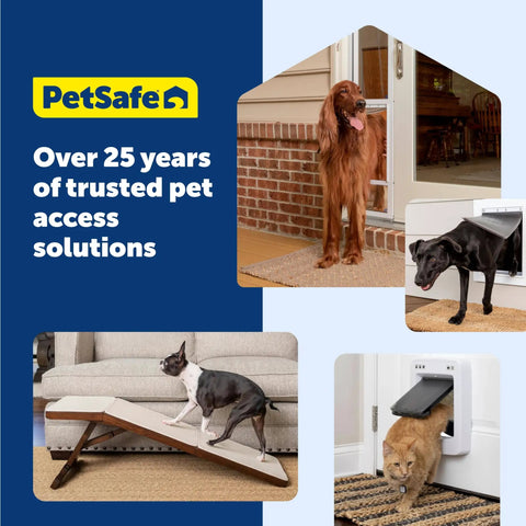 Collage of a dog using a pet ramp, cat using a pet door, and dog outside, with a 'PetSafe' logo and text about pet access solutions.