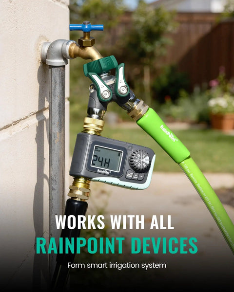 Built Tough Heavy Duty Garden Hose Splitter 2 Way With Shut Off Valve Three Quarter Inch Connector All Metal Body Full Flow No Fuss Outdoor Water Faucet Adapter Fittings on faucet with RainPoint timer and hose