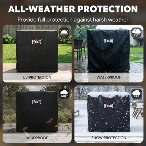 36 Inch Outdoor Prep Table Cover For Grill Island Setup And Kitchen Island All Weather Waterproof 600D Cart Cover With Roll Up Zippered Door Fits Outdoor Storage Cabinets Black, showing UV, water, wind, and snow protection