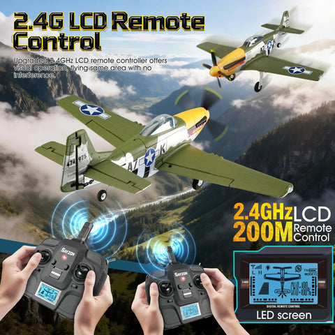 RC Airplane P51D Mustang with 3D/6G Gyro Stability in flight, remote controls visible, 510mm wingspan, EPP foam material