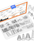 Stainless Steel Conical Compression Spring Set 123-Piece 10-Size Assortment Kit in storage box with tapered small springs visible.