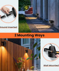Two mounting ways of 12W landscape lighting 120V warm white 2700K with US plug, showing wall mount and ground insertion options.