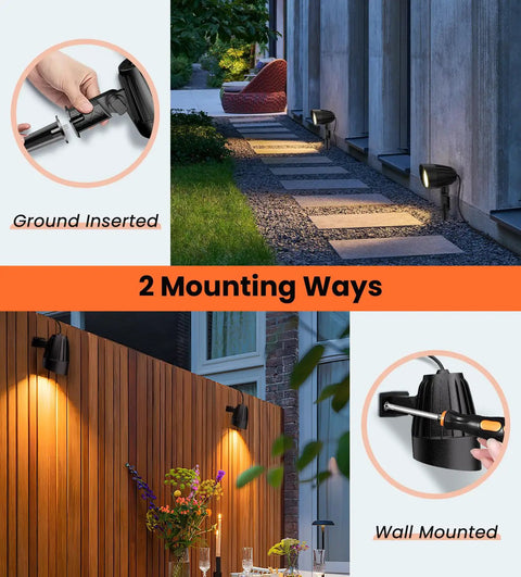 Two mounting ways of 12W landscape lighting 120V warm white 2700K with US plug, showing wall mount and ground insertion options.