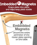 Embedded magnets securely hold the precision plate of the Badass Router Table Built From Extra Thick Laminated Mdf in place.