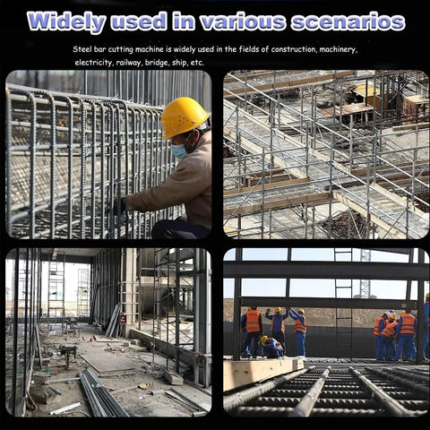 Workers using Heavy Duty Portable Electric Hydraulic Rebar Cutter Steel Bar Scissor Shear Tool on a construction site.