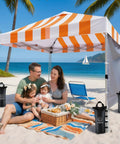 Family under striped canopy on beach with Heavy Duty Sand Bags for Canopy Legs, Portable Tent Weights Set of 4, Windproof Anchors