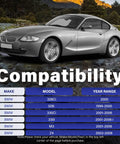 Compatibility chart for BMW models 328Ci, 328i, 330Ci, 330i, M3, Z4 from 1999 to 2008 with backdrop of BMW car in nature