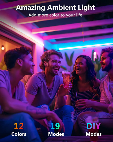 Group enjoying RGB Waterproof LED Strip Lights Kit With Dimmable 5050 Tape 4 Pre Cut 48Inch Strips in a vibrant setting