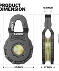 Heavy Duty Snatch Block For Winch Recovery Forged Steel Pulley 22046 Lbs Working Load 45000 Lbs Break Strength Galvanized And Powder Coated For Rugged Durability And Solid Off Road Towing dimensions shown front and side view