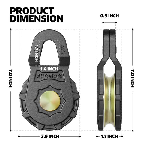 Heavy Duty Snatch Block For Winch Recovery Forged Steel Pulley 22046 Lbs Working Load 45000 Lbs Break Strength Galvanized And Powder Coated For Rugged Durability And Solid Off Road Towing dimensions shown front and side view