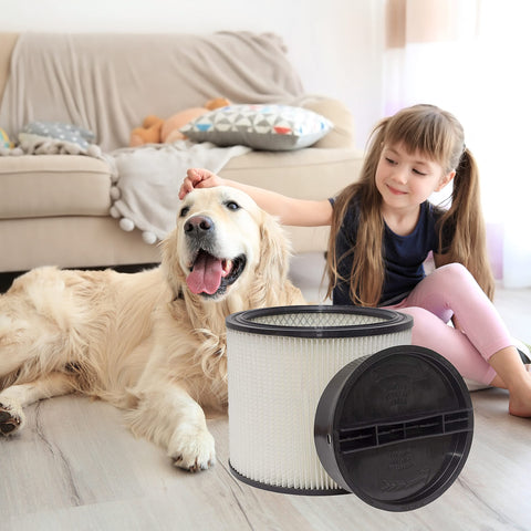 HEPA Cartridge Replacement Filter Compatible With 90304 90350 90333 Models Fits Most 5 Gallon Plus Wet Dry Vacuum Cleaners next to dog and child