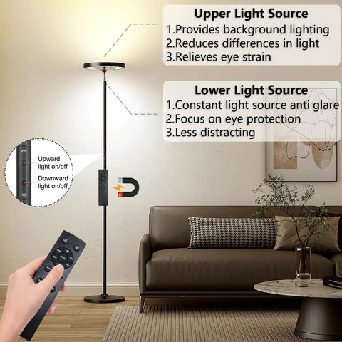 Double Sided RGB LED Floor Lamp With Remote And Smart App Control 36W 2600 Lumens shown in living room with remote
