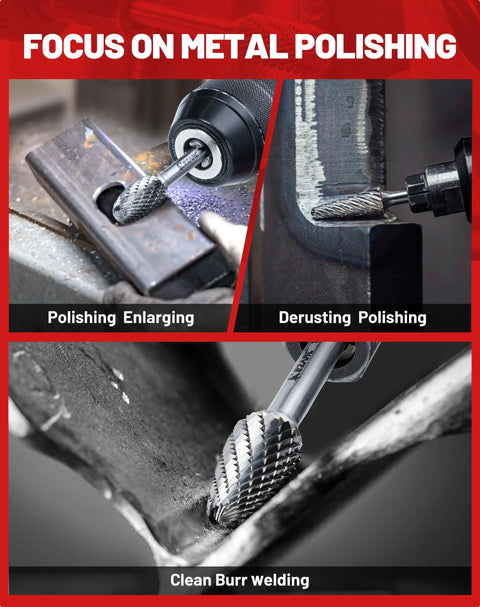 EZARC tungsten carbide burr set, 1/4 in shank, 5-piece double-cut rotary bits; shown for polishing, derusting, and welding.