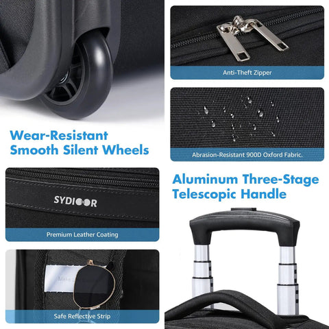 Close-up of features of Rolling Laptop Backpack With Wheels For Travel, 17.7 Inch Carry On Wheeled Backpack, showing details like silent wheels and telescopic handle.