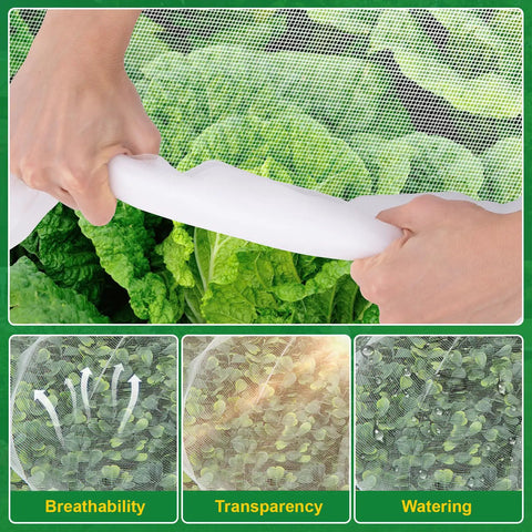 Hands holding Ultra Fine Garden Netting 2 Pack 10x33Ft Insect Barrier over vegetables, highlighting breathability and transparency.