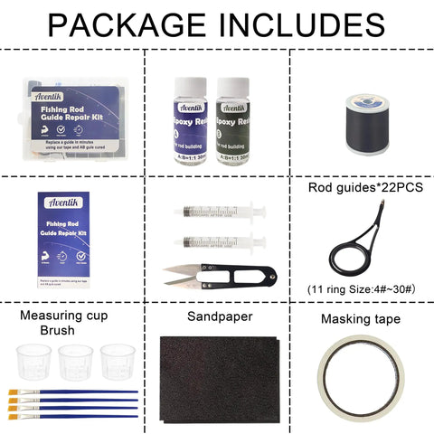 Complete Fishing Rod Eyelet Repair Kit for Spinning Rods with epoxy, thread, stainless steel guides, tools, 22 pieces.