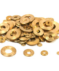 100 Pack Flat Round Brass Clock Washers for Clock Repair and Assembly, assorted sizes, pro grade hardware on white background